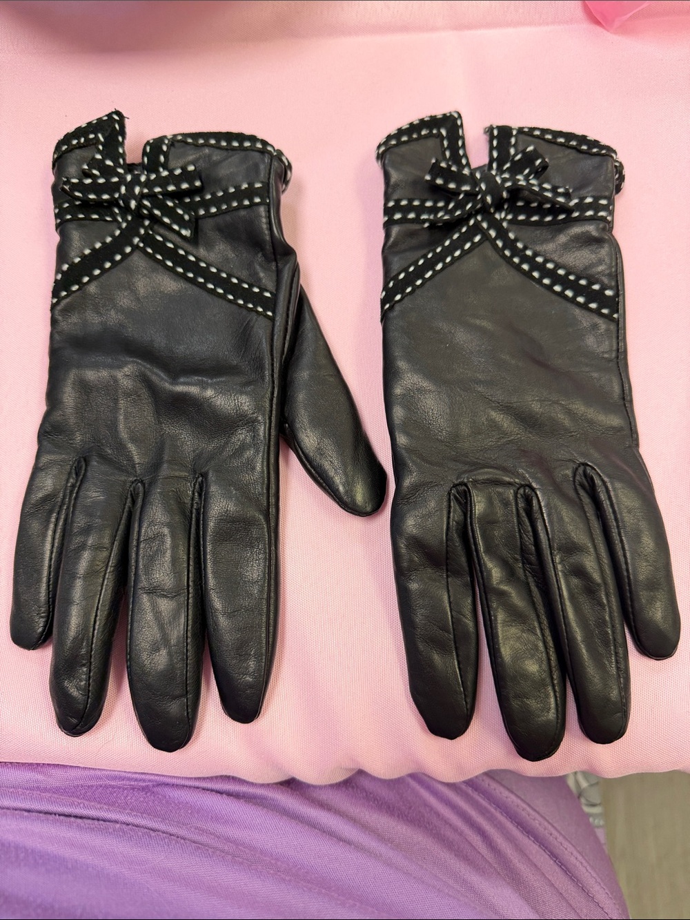 Ann Taylor Black Leather Gloves with Polka-Dot Bow Trim